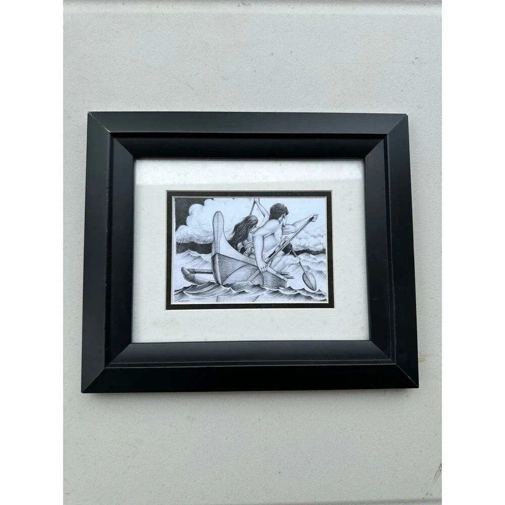 Hawaii Artist Rey Racoma Framed Polynesian Outrigger Canoe Limited Print Drawing